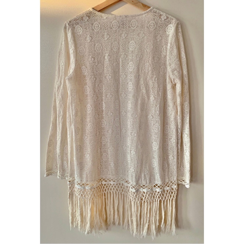L*Space • M/L • Cream Open Front Lace Swim Cover Up Crochet Macramé Fringe - Picture 3 of 4